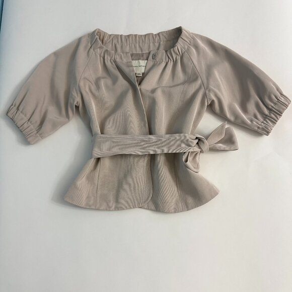 Banana Republic Stretch Blazer Suit Jacket Beige Belt Waist Tie Pockets Size 2 - Picture 1 of 12